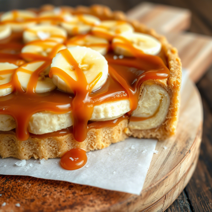 Tarta Banoffee casera con rodajas de plátano y caramelo por encima, sobre base de galleta integral.
