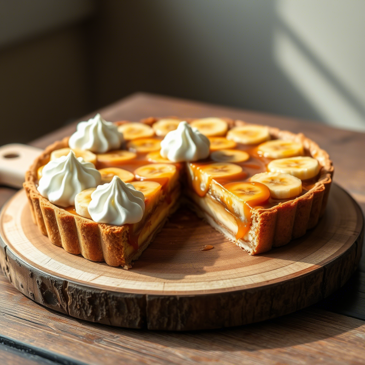 Tarta Banoffee con crema batida sobre plátano y caramelo, servida en porciones individuales sobre tabla de madera.