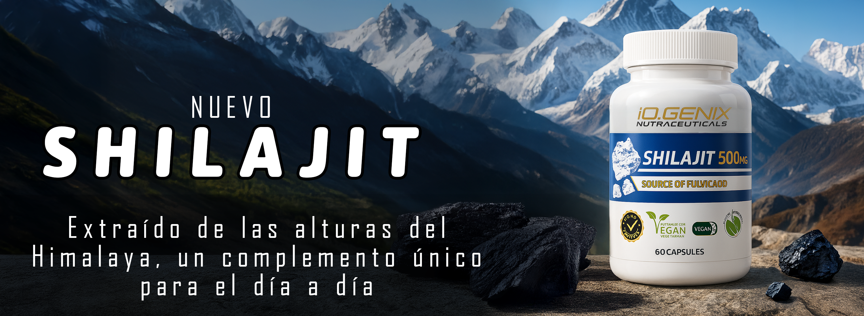 Banner publicitario del suplemento Shilajit de iO.GENIX, extraído del Himalaya, con beneficios para la vitalidad y el rendimiento diario.