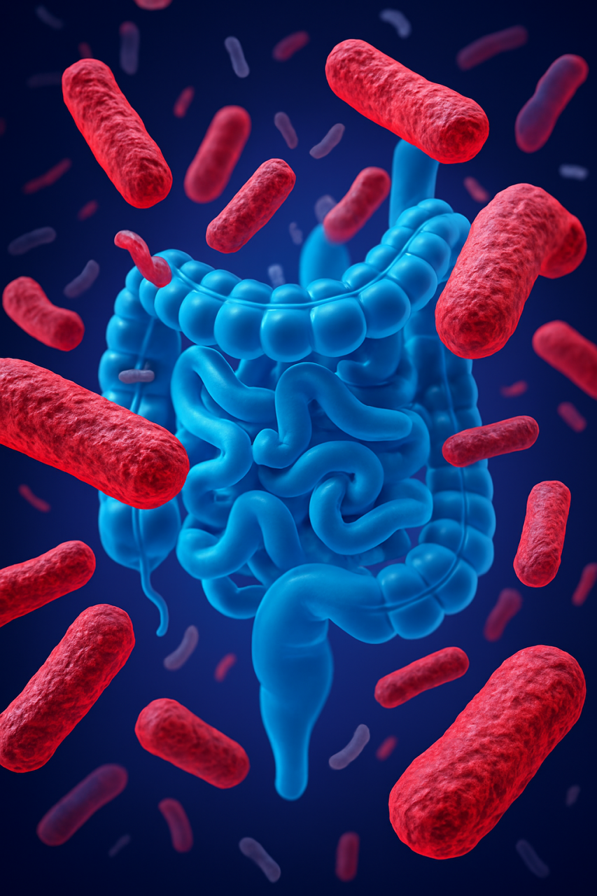 Ilustración 3D del intestino humano con bacterias intestinales flotando, utilizada en contenido sobre microbiota y salud digestiva.