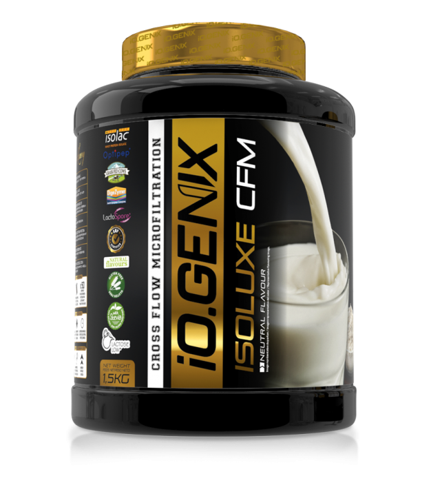 Bote de proteína neutra IO.GENIX ISOLUXE CFM junto a un fondo blanco, ideal para combinar con preparaciones como salsa kimchi u otras recetas fitness.