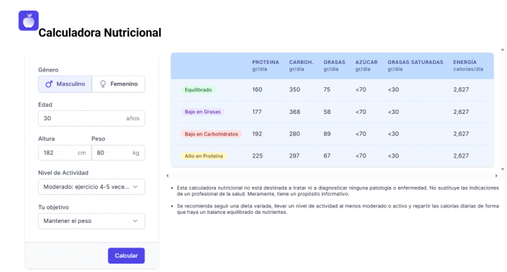 Herramienta online para calcular macronutrientes según el objetivo, peso y actividad física.