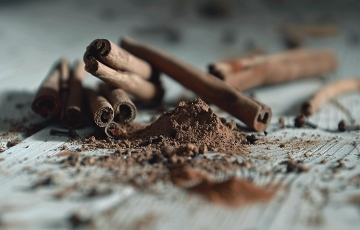 Ramas de canela y canela en polvo sobre superficie rústica, representando las propiedades de la canela.