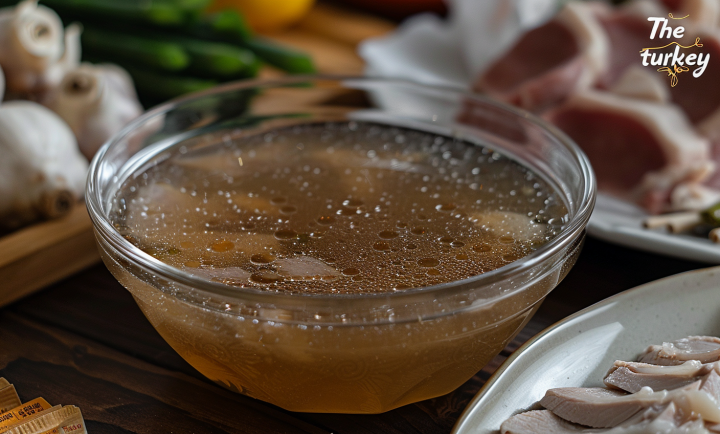 Tazón de vidrio con caldo de huesos casero, rodeado de ingredientes frescos