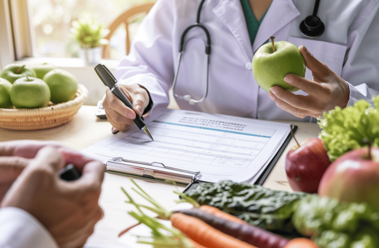 Persona escribiendo un plan de alimentación con frutas y verduras alrededor, representando el seguimiento nutricional.