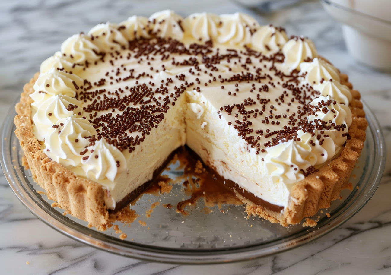 Tarta Banoffee fit con cobertura de crema batida y virutas de chocolate, servida en molde de vidrio.