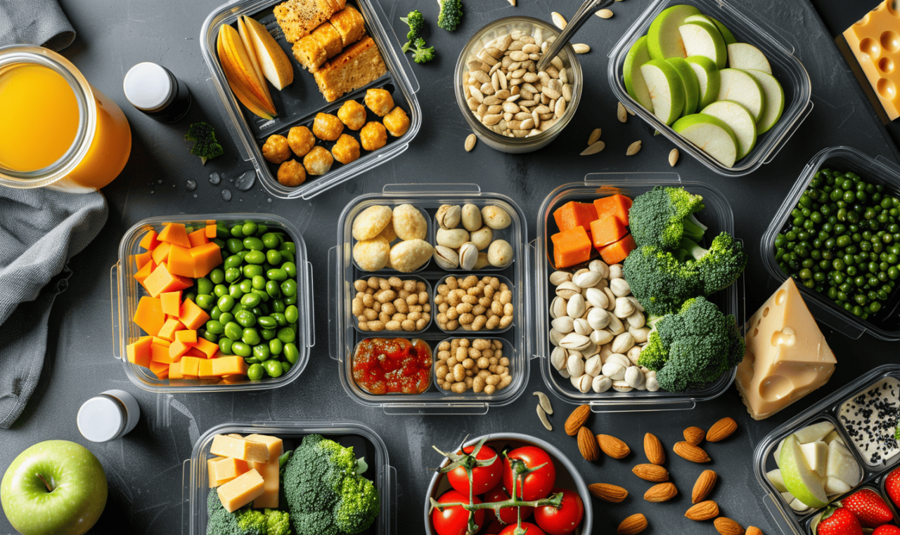 Comidas saludables en recipientes de meal prep, ideales para una dieta para colesterol alto, con frutas, verduras, legumbres y grasas saludables