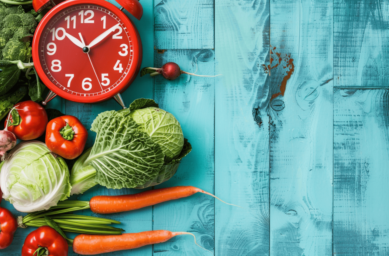 Reloj rojo rodeado de verduras frescas sobre una mesa azul, simbolizando la importancia del la sincronización de nutrientes