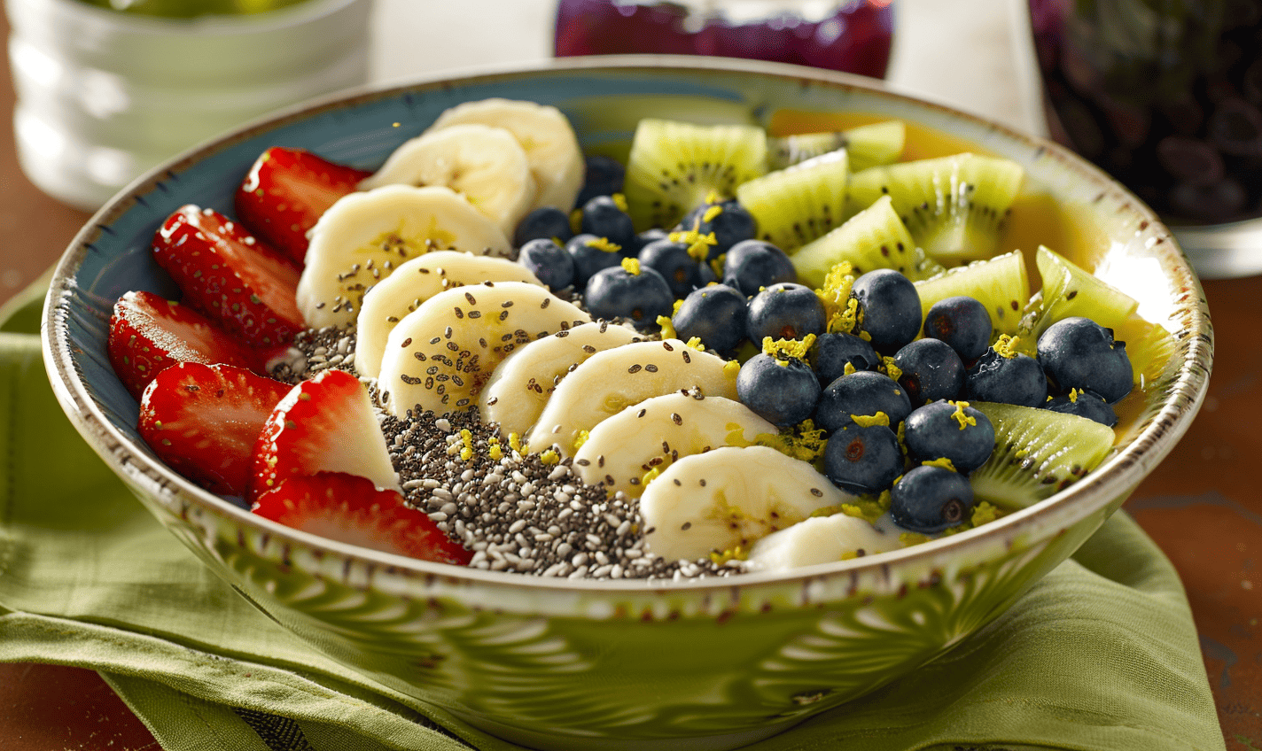 Acai bowl en tazón verde con fresas, plátano, kiwi, arándanos y semillas de chía sobre mantel verde.