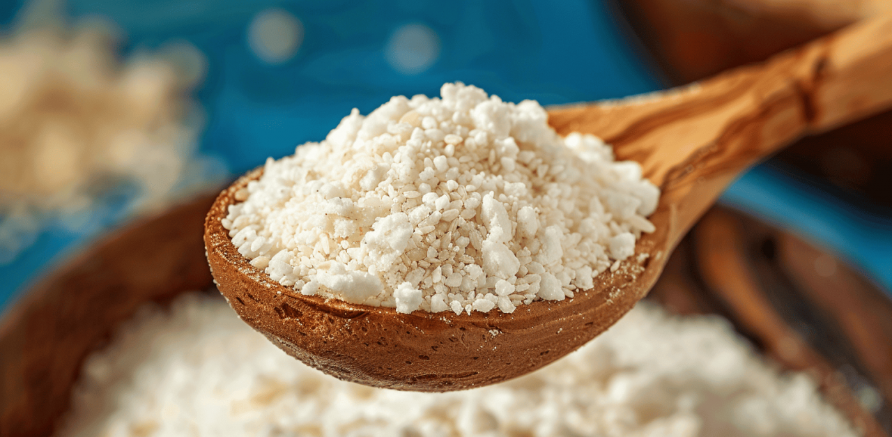 Cucharón de madera con psyllium husk en polvo sobre fondo rústico