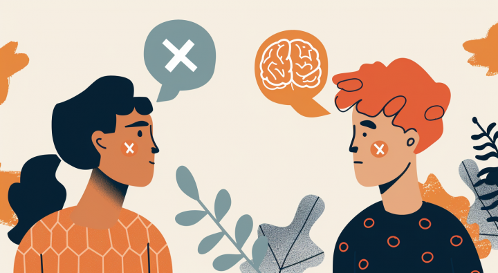 Ilustración de dos personas conversando con símbolos de cerebro y desacuerdo, representando diferencias de percepción o niveles de conocimiento.