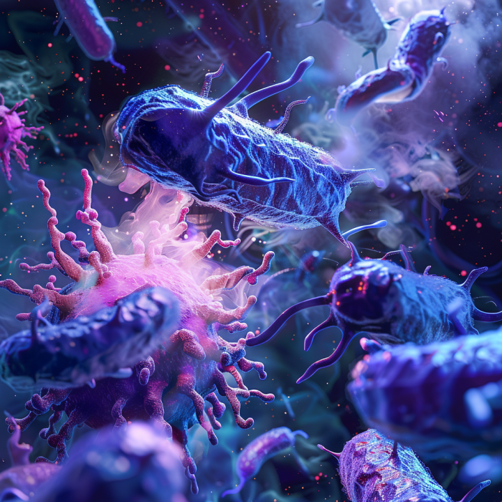 Conceptual ilustración de la proteína lactoferrina combatiendo bacterias patógenas. La imagen muestra a la lactoferrina rodeando y neutralizando microorganismos dañinos, simbolizando su papel clave en la defensa inmune del organismo.