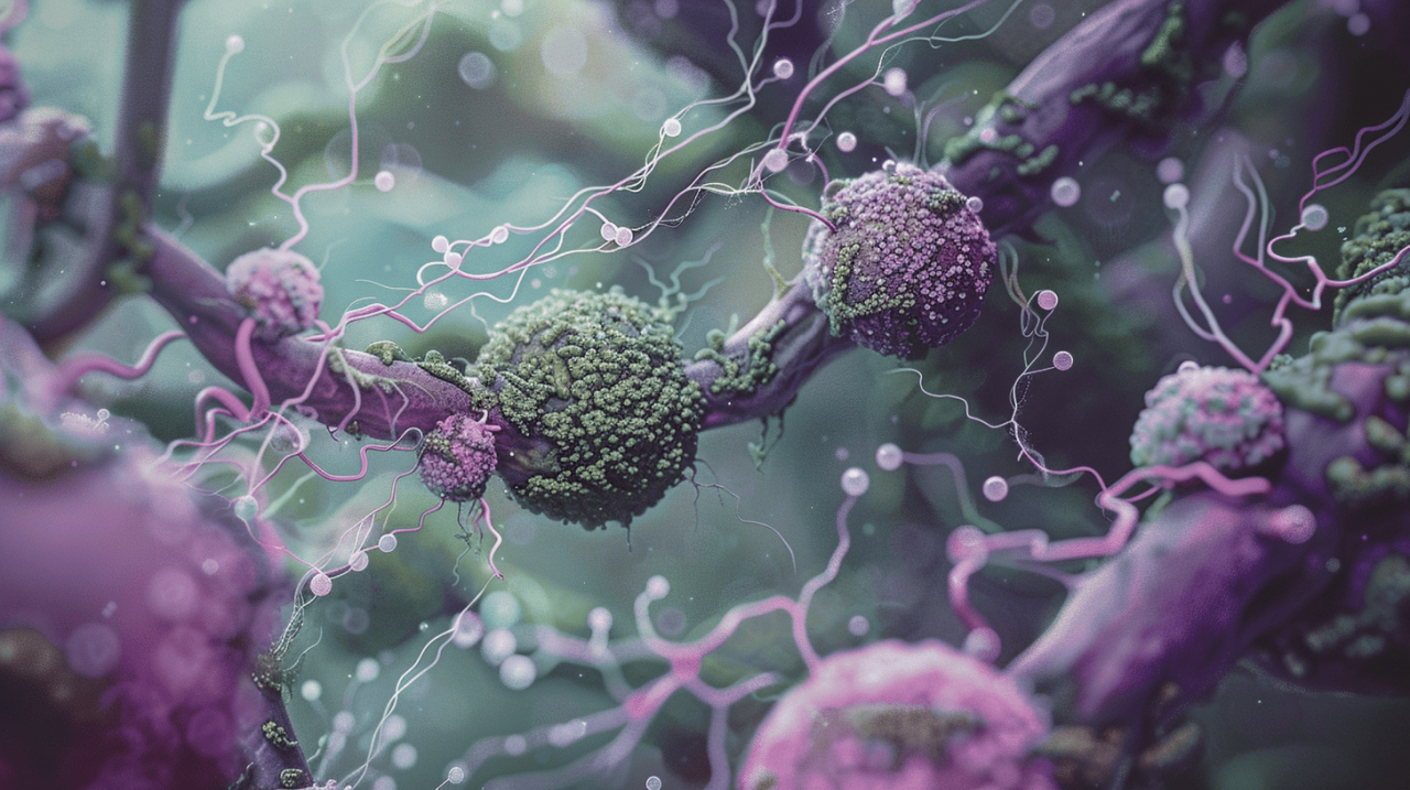 Microfotografía realista de hongos y bacterias asociadas al SIFO (sobrecrecimiento fúngico en el intestino delgado).