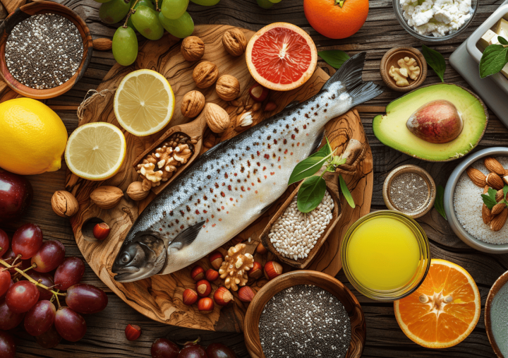 Alimentos saludables ricos en omega-3, frutas y antioxidantes sobre una mesa, ideales para una dieta para colesterol alto.