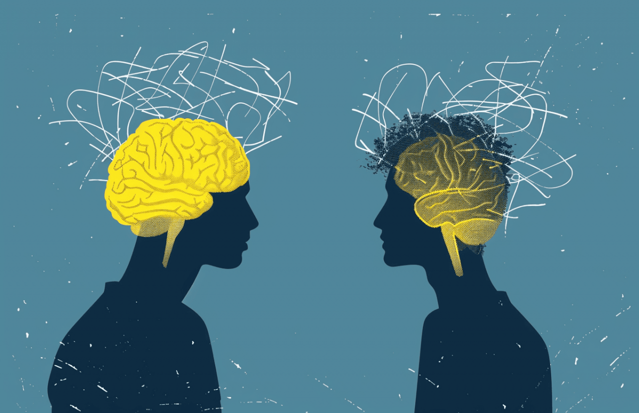 Ilustración conceptual del Efecto Dunning-Kruger, con dos perfiles humanos enfrentados, uno con cerebro iluminado y el otro con líneas caóticas representando confusión mental.