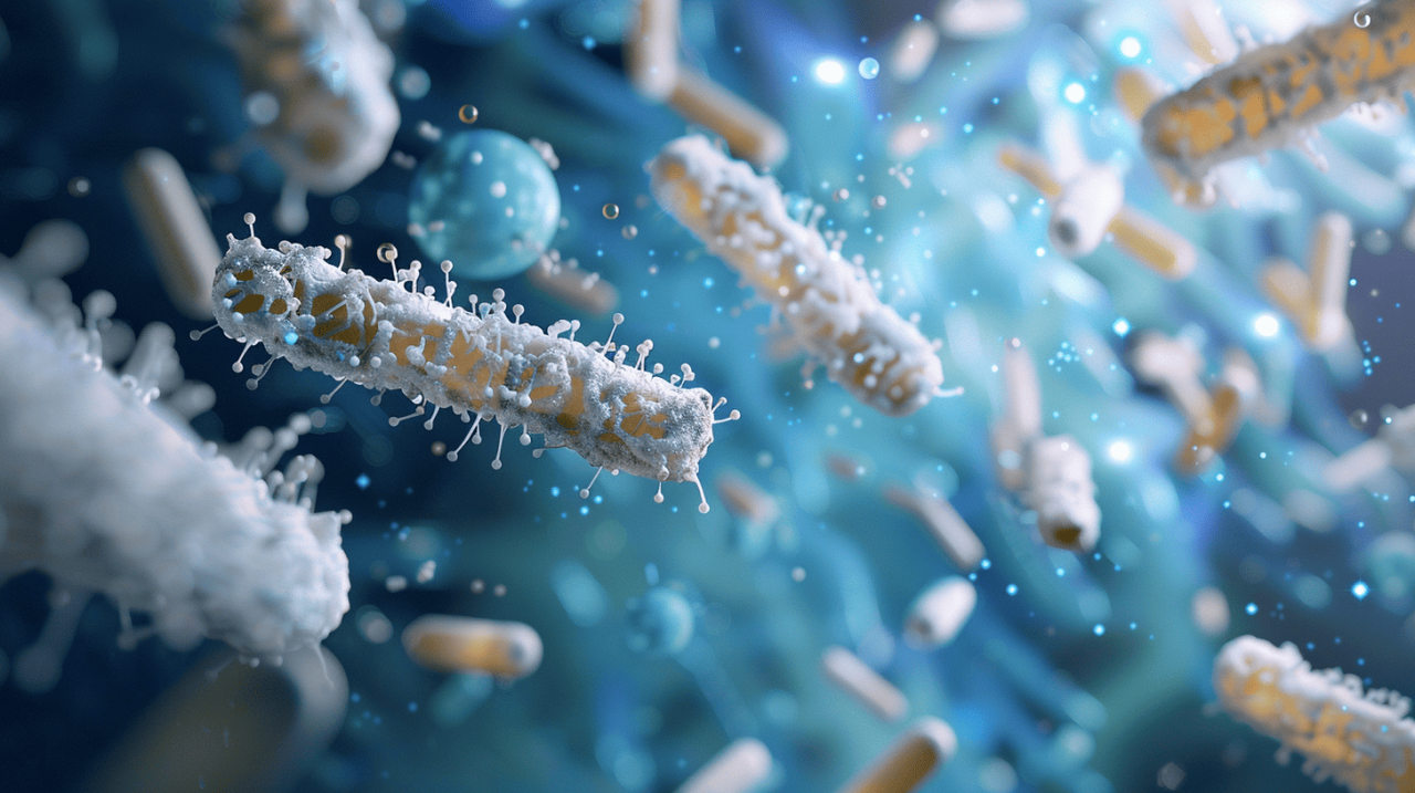 Representación detallada de la molécula de lactoferrina, una proteína esencial con funciones inmunológicas y antimicrobianas. La imagen destaca su estructura tridimensional, sitios de unión al hierro y efectos visuales que simbolizan su actividad biológica.