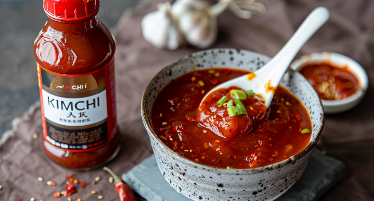 Fotografía de una salsa kimchi servida en un cuenco con cuchara, acompañada de un frasco de la marca KIMCHI y dientes de ajo al fondo.