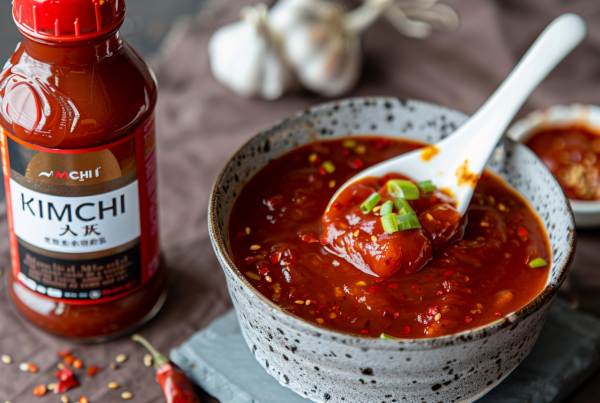 Fotografía de una salsa kimchi servida en un cuenco con cuchara, acompañada de un frasco de la marca KIMCHI y dientes de ajo al fondo.