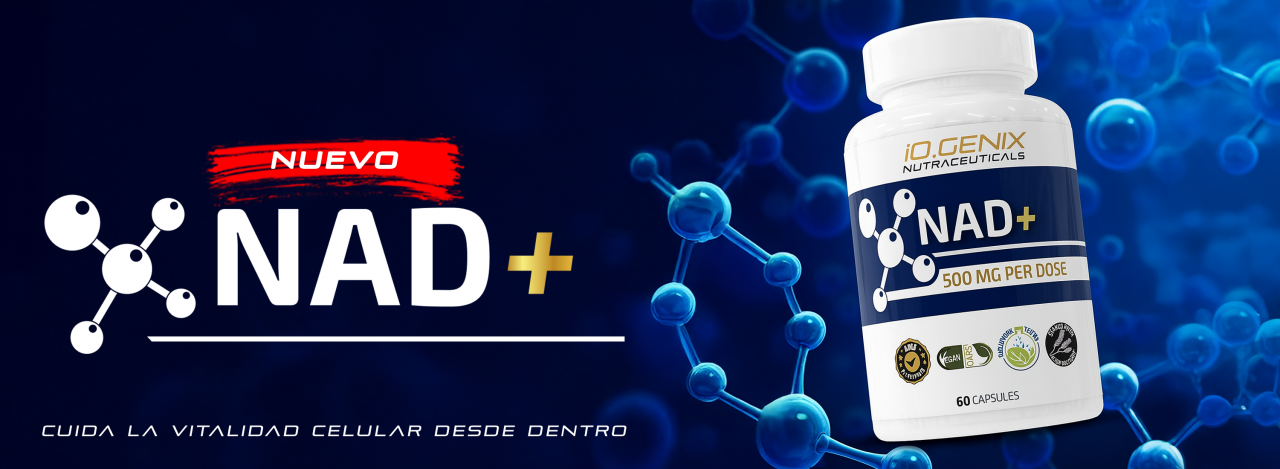 Banner promocional del nuevo complemento NAD⁺ de iO.GENIX, formulado para apoyar la energía celular y el envejecimiento saludable.
