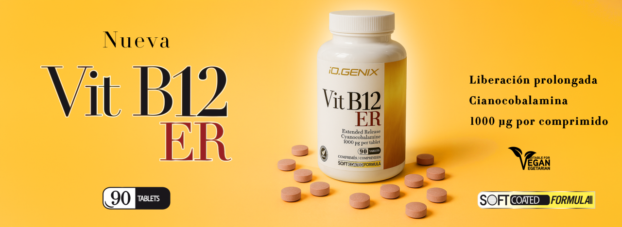 Banner promocional de Vitamina B12 ER 1000 µg de iO.GENIX, con comprimidos recubiertos y liberación prolongada, diseñado para personas con requerimientos específicos o dietas veganas y vegetarianas.