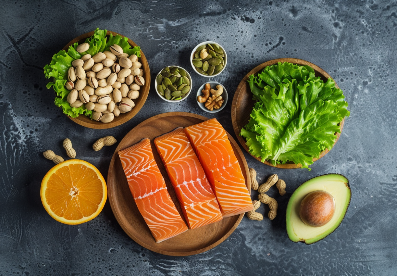 Alimentos ricos en DPA omega-3: filetes de salmón, frutos secos, semillas, aguacate, cítricos y verduras frescas