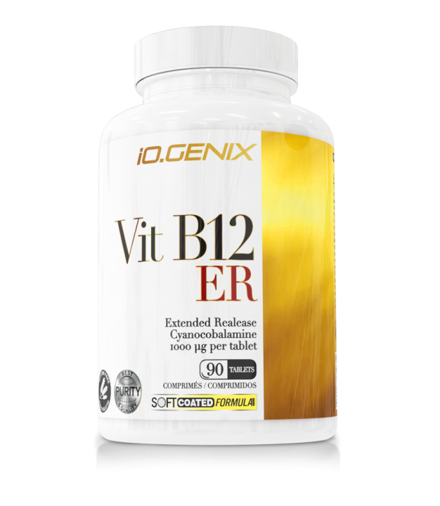 Envase de Vitamina B12 ER 1000 µg de iO.GENIX con 90 comprimidos, suplemento en formato soft-coated con tecnología de liberación prolongada.