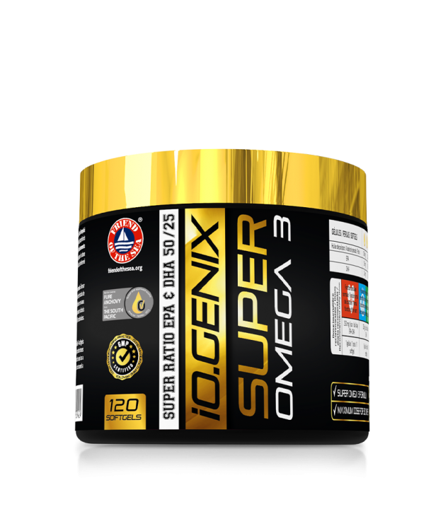 “Bote de suplemento Iogenix Super Omega-3 con alto contenido en DPA, EPA y DHA”