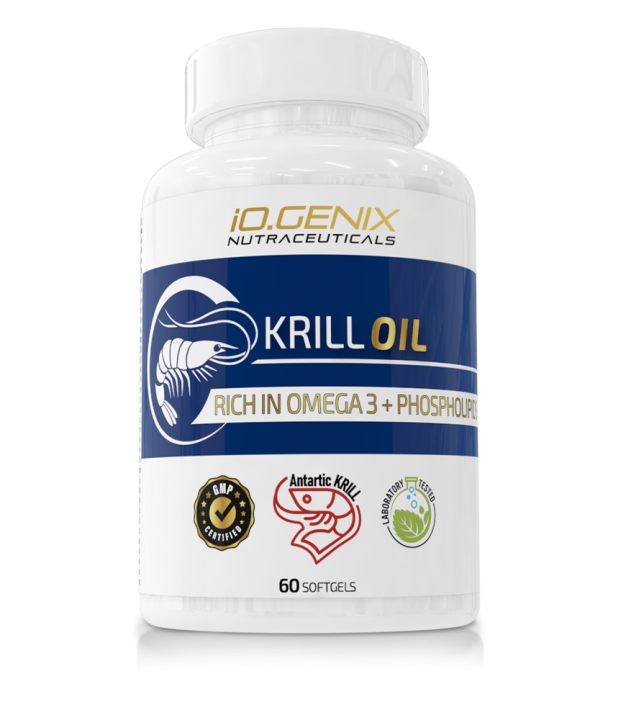 Bote de Krill Oil de iO.GENIX, tipo de omega 3 con fosfolípidos de alta absorción.