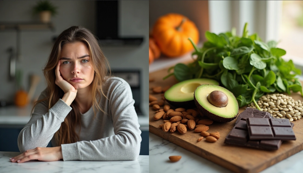 Mujer con fatiga frente a alimentos ricos en magnesio como aguacate, espinacas y chocolate, representando una deficiencia de magnesio.