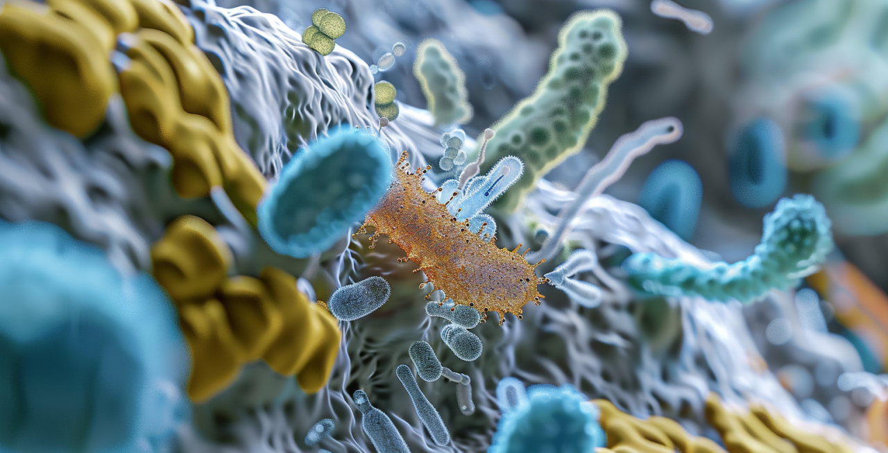Representación 3D de bacterias de la flora intestinal sobre la mucosa del intestino