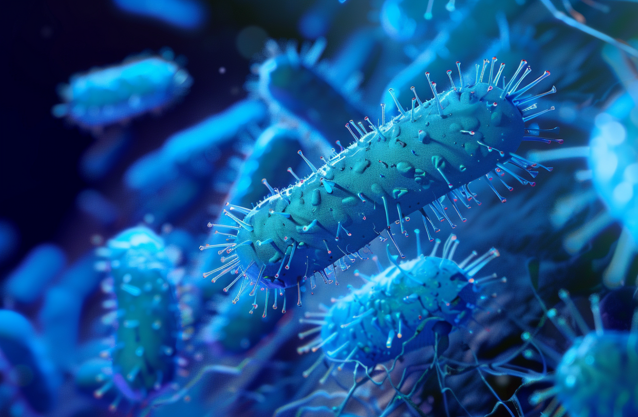 Representación 3D de bacterias azules en el intestino, relacionada con el SIBO (Sobrecrecimiento Bacteriano del Intestino Delgado).