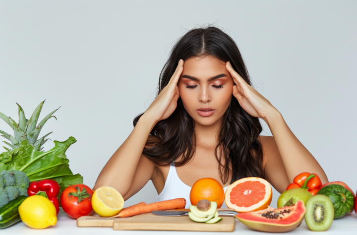 Mujer pensativa frente a una mesa llena de frutas y verduras, representando un momento de reflexión sobre la nutrición consciente