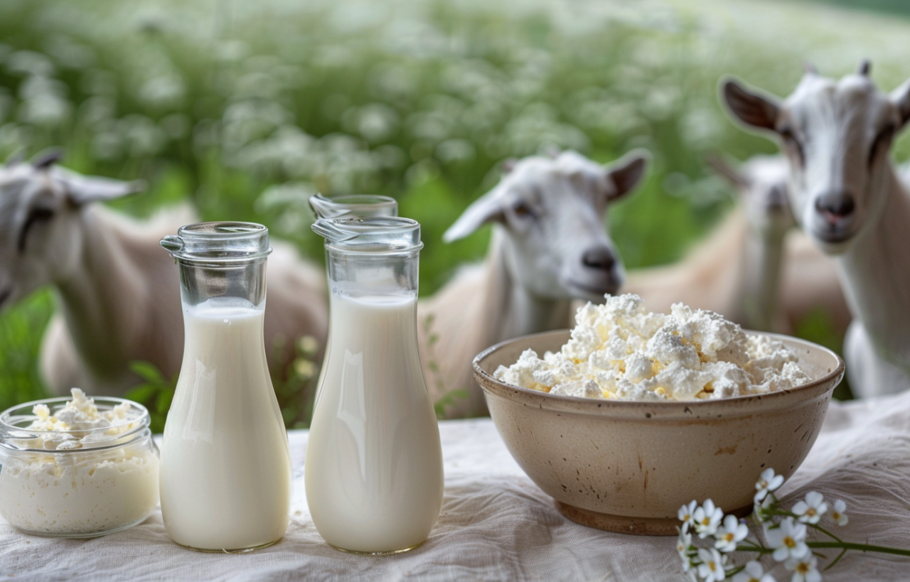 Leche de cabra en botellas y vaso junto a queso cottage, con cabras en el fondo.