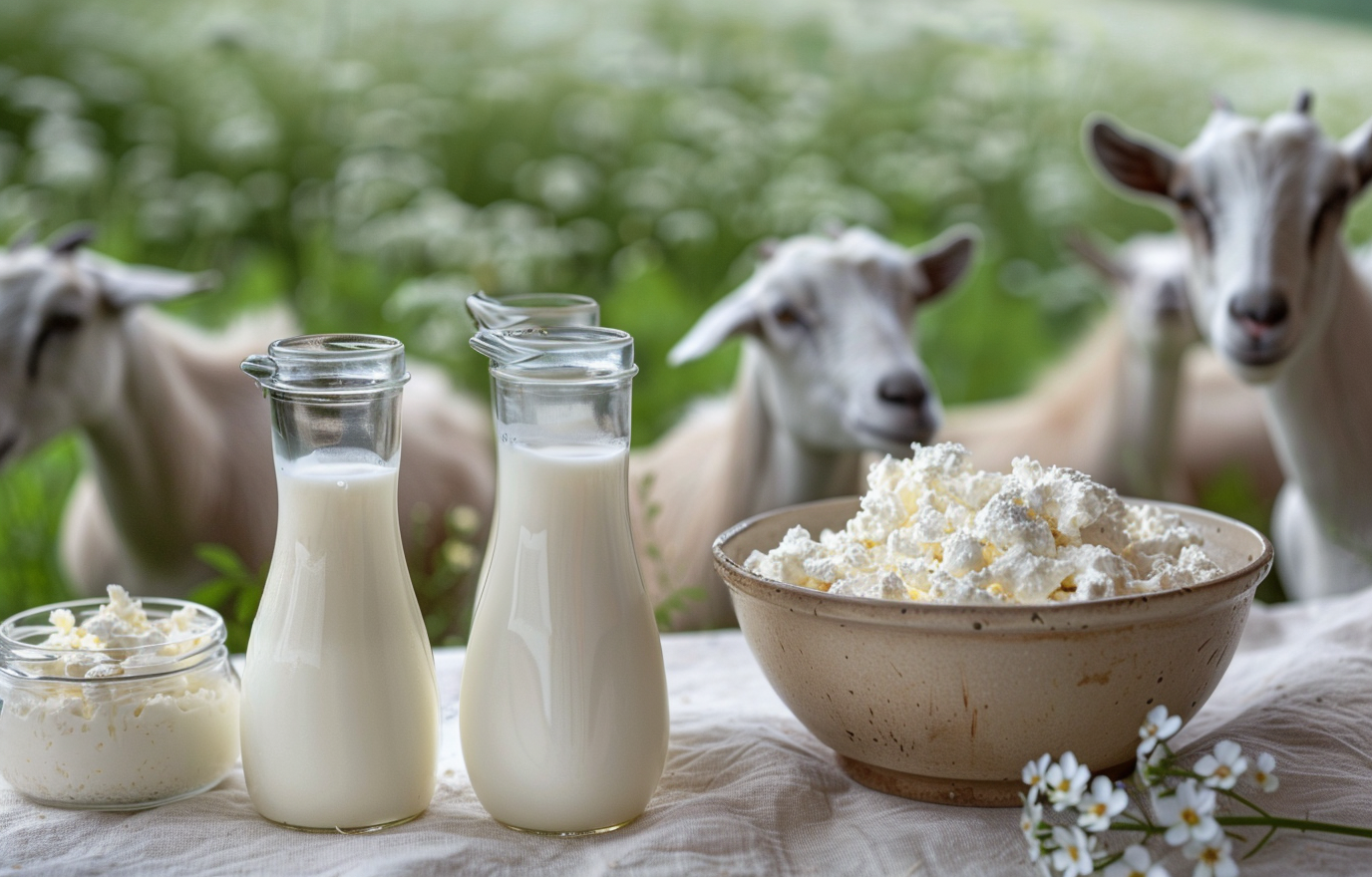 Leche de cabra en botellas y vaso junto a queso cottage, con cabras en el fondo.