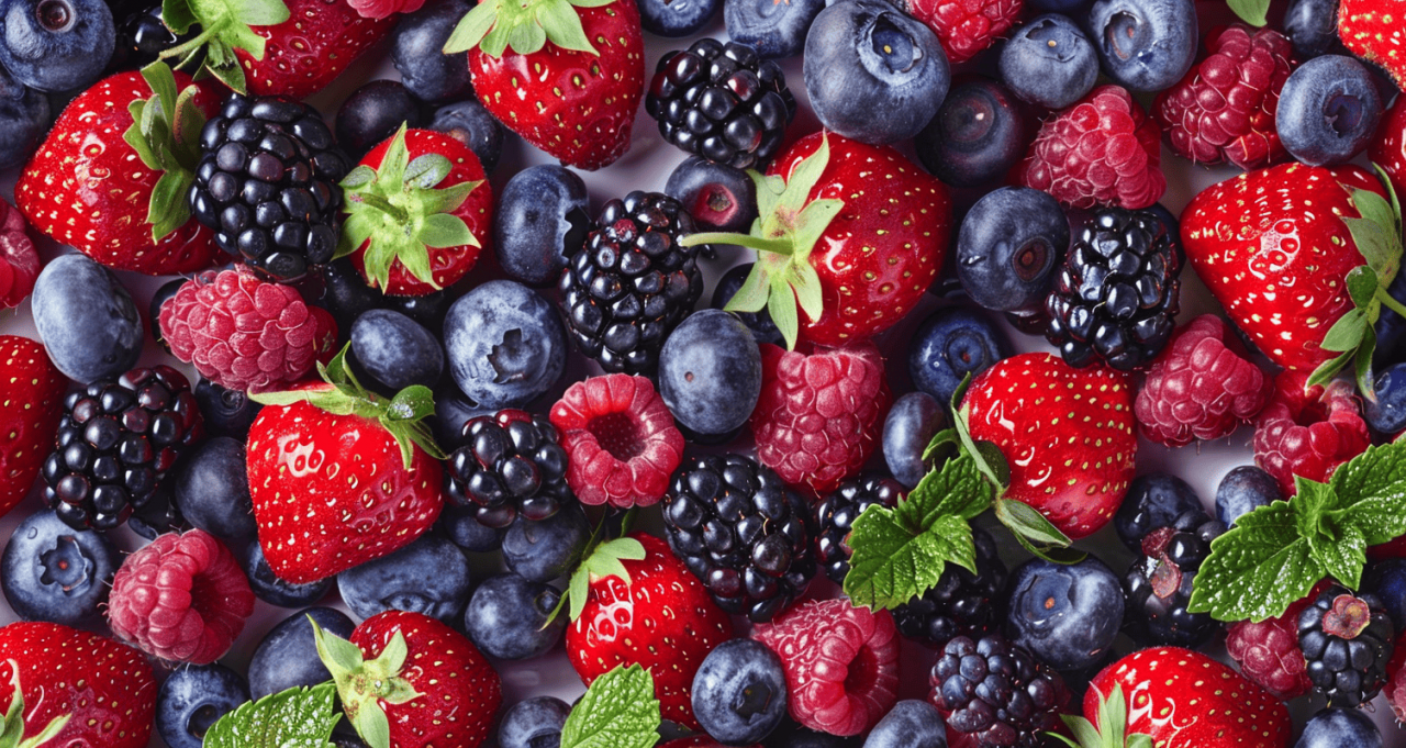 Frutos rojos variados como fresas, moras, arándanos y frambuesas sobre fondo oscuro.
