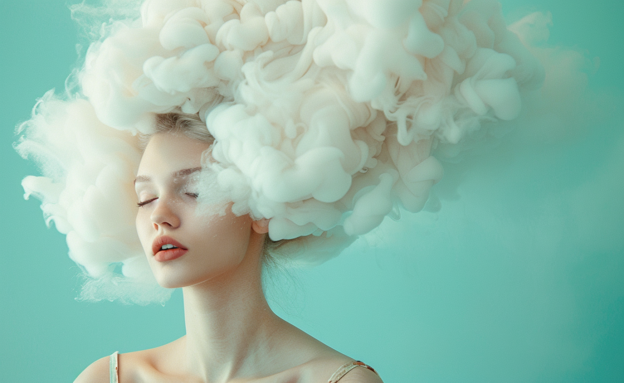 Mujer con niebla simbólica sobre la cabeza, representando el efecto de la niebla mental