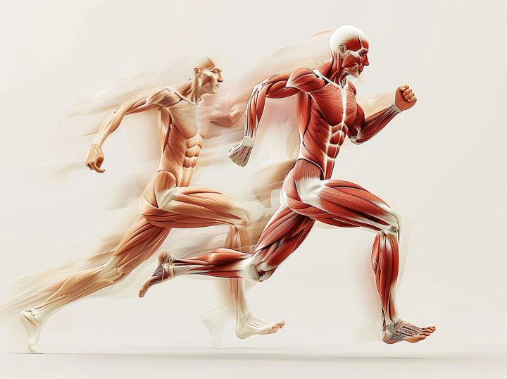 Ilustración del cuerpo humano en movimiento mostrando la musculatura, relacionada con la composición corporal y el rendimiento físico.