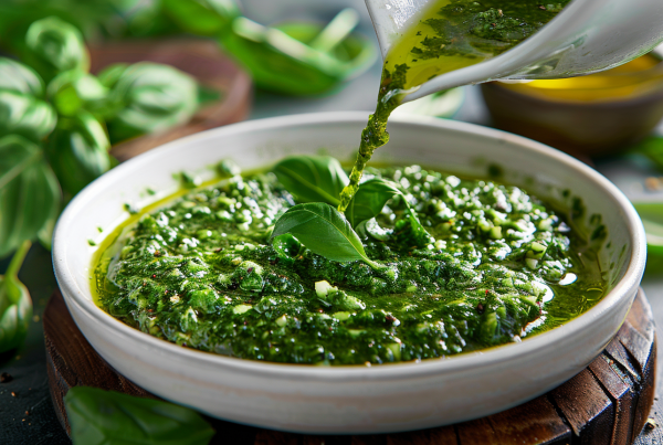 Salsa pesto casera servida en un bol blanco con hojas frescas de albahaca por encima.