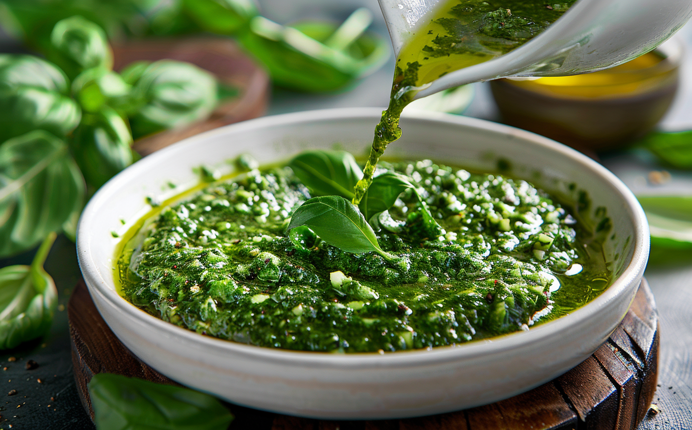 Salsa pesto casera servida en un bol blanco con hojas frescas de albahaca por encima.