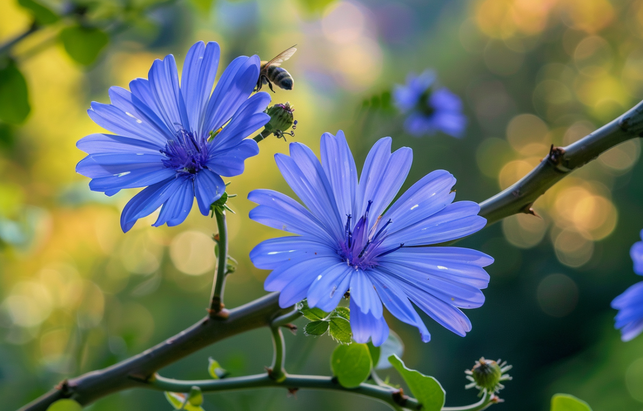Flor de achicoria azul (Cichorium intybus) en primer plano, utilizada por sus propiedades digestivas y como sustituto natural del café.