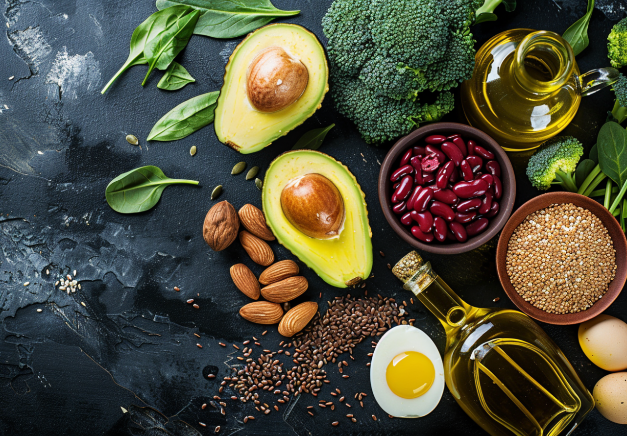 Alimentos ricos en grasas saludables como aguacate, frutos secos, aceite de oliva y huevo.