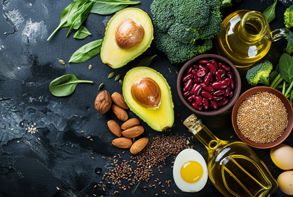 Alimentos ricos en grasas saludables como aguacate, frutos secos, aceite de oliva y huevo.