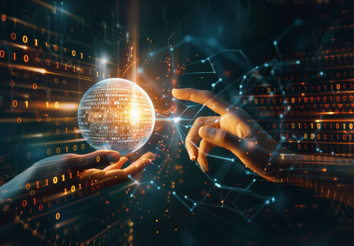 Dos manos digitales alcanzándose entre sí, simbolizando la conexión entre el mundo físico y virtual, concepto clave en los gemelos digitales.