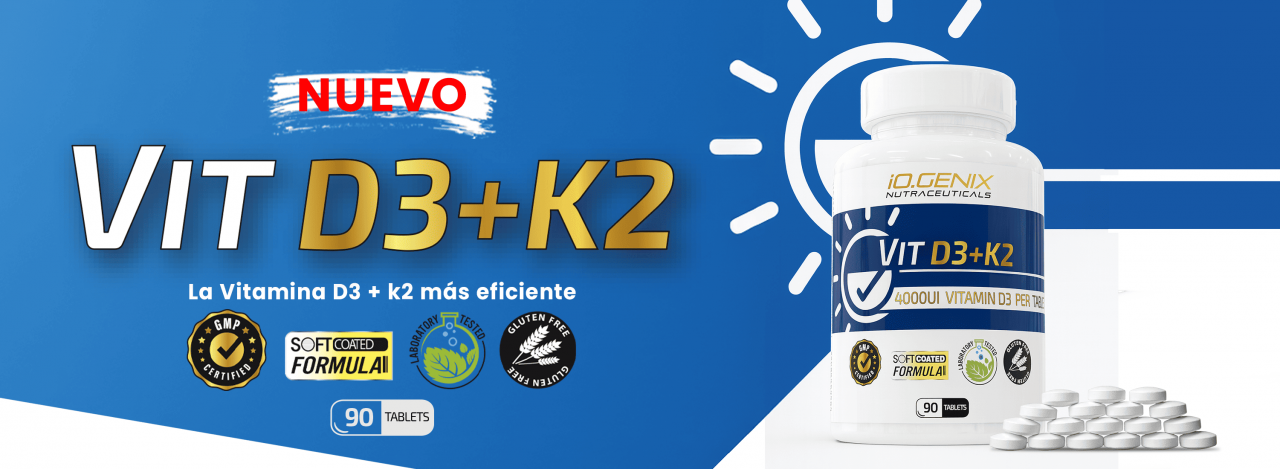Banner promocional del suplemento Vit D3+K2 de iO.GENIX, apoyo para la salud ósea e inmunitaria