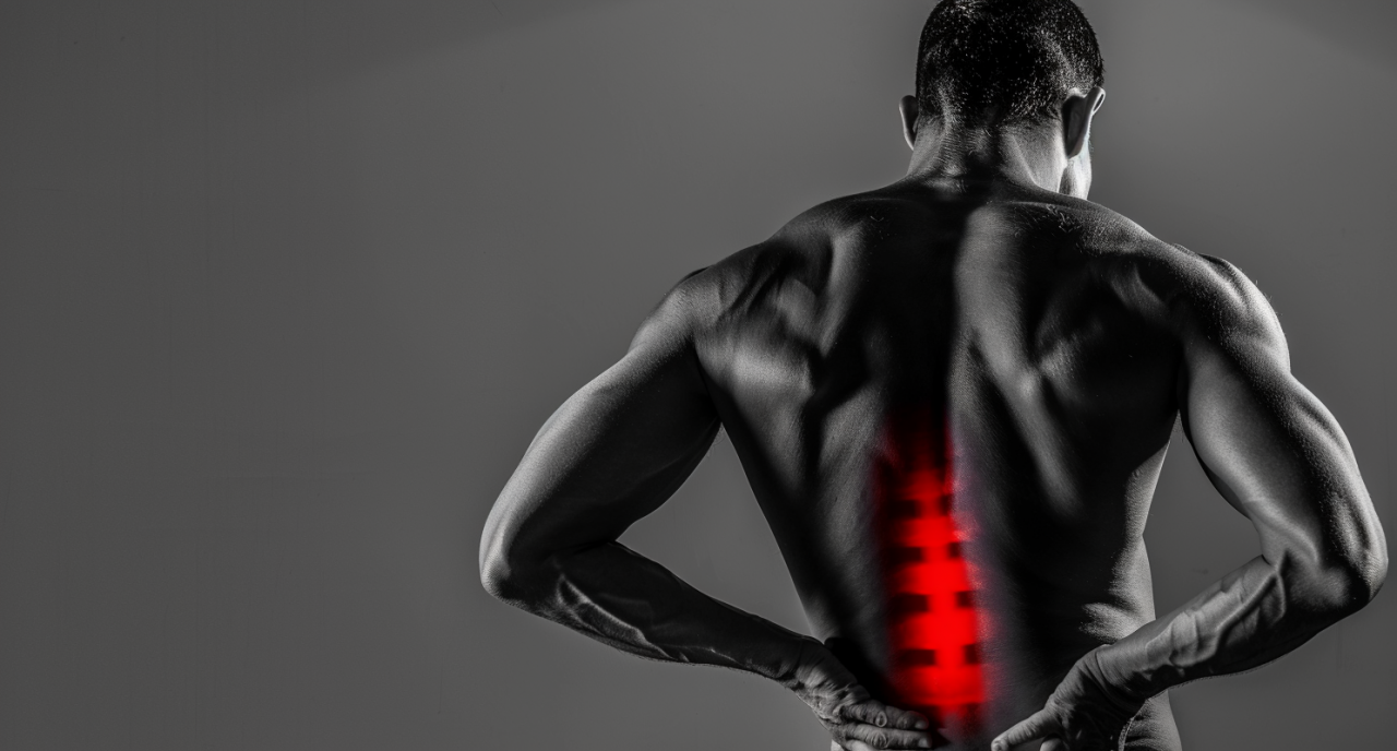Hombre con dolor lumbar, sujetándose la espalda baja con la zona lumbar resaltada en rojo.