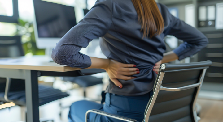 Mujer con dolor lumbar sentado en una silla de oficina, mostrando molestias en la zona baja de la espalda.