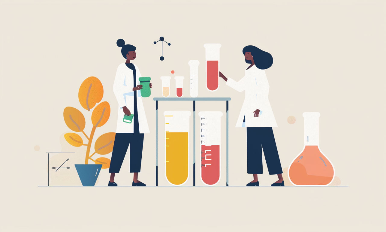 Ilustración de laboratorio para interpretar análisis de sangre y biomarcadores de salud