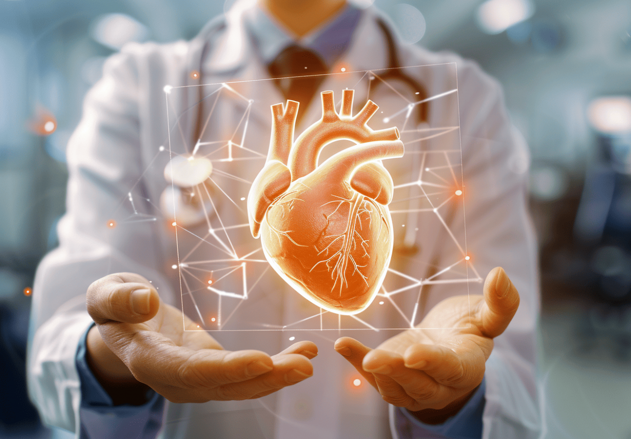 Médico sosteniendo un holograma de corazón, concepto de evaluación del colesterol remanente y riesgo cardiovascular.