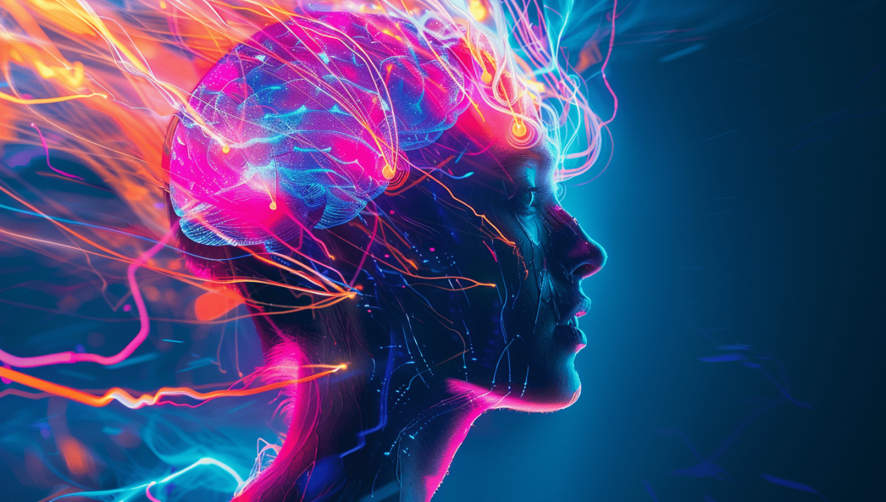 Ilustración creativa del cerebro humano con energía y luz, representando los beneficios cognitivos de la colina suplemento.