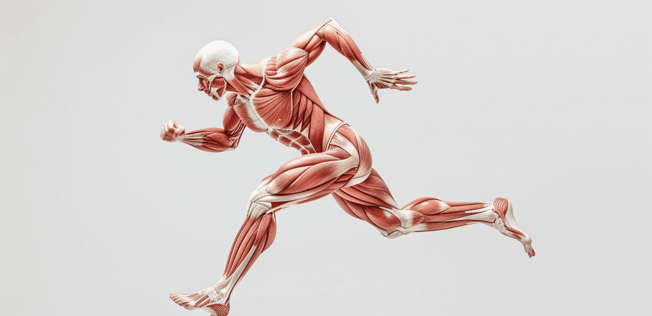Ilustración anatómica de un corredor que muestra la musculatura en movimiento, representando la flexibilidad metabólica durante el ejercicio.